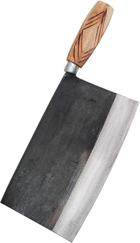 Chinese Chef`s Knife, 100% Handmade Traditional Knife, Real Forged Carbon Steel Blade, with Non-slip Ergonomic Handle for Home and Restaurant Kitchen