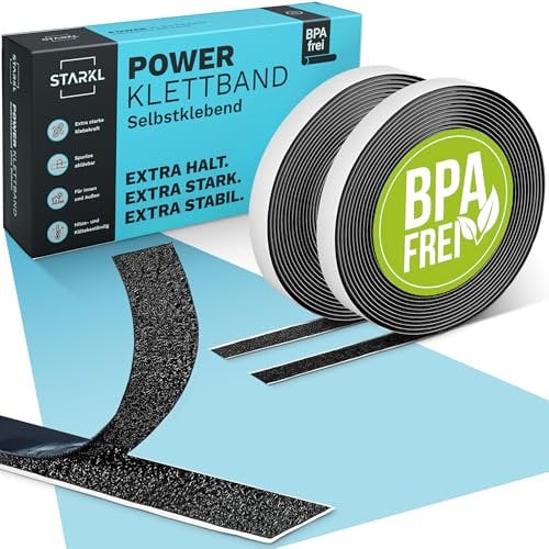 STARKL® Klettband Selbstklebend Schwarz - 5m x 10mm - BPA Frei - Extra Stark u. Extra Schmal - Klettverschluss Selbstklebend - Doppelseitiges Klettband für Innen und Außen