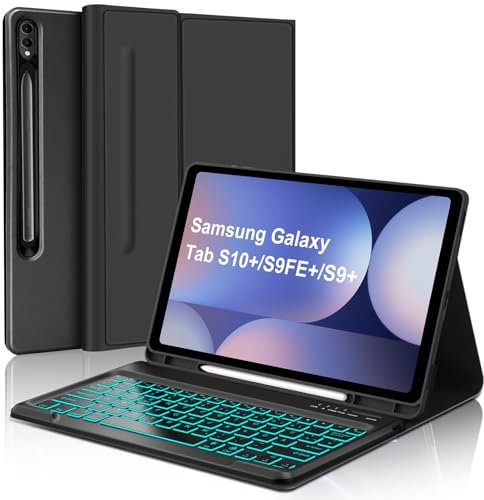WAVATA Tastatur für Samsung Galaxy Tab S10+ 2024/S9 FE+/S9 Plus 12.4mit Beleuchtung, Hülle mit Tastatur für Samsung Tab S10 Plus Magnetische Abnehmbar Deutsches QWERTZ Layout, Schwarz