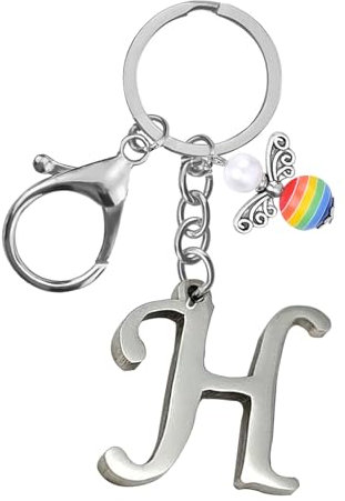 Porte-clés pour homme et femme en métal avec lettre de l'alphabet personnalisable avec breloque ange, cadeau d'amitié, cadeau de 18e anniversaire, porte-clés de voiture (H)