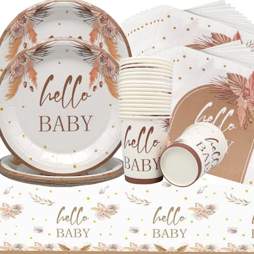 Doyomtoy Boho Baby Shower Partygeschirr,61Stück Baby Shower Papiergeschirr Set - Pappteller Papiertücher Papiertassen Für Babyshowerparty Deko,Junge Mädchen Party Partyzubehör Set (20 Gäste)