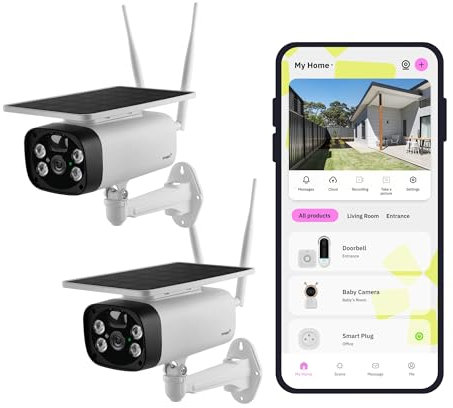 OMAJIN by Netatmo, 2 x Telecamera Esterno con Pannello Solare, Wi-Fi, Visione Notturna HD, Sirena da 105 dB, Rilevamento Persone/Movimenti/Suoni, 2 Vie Audio, IP55, WIFI 2.4, OBU-2OSC