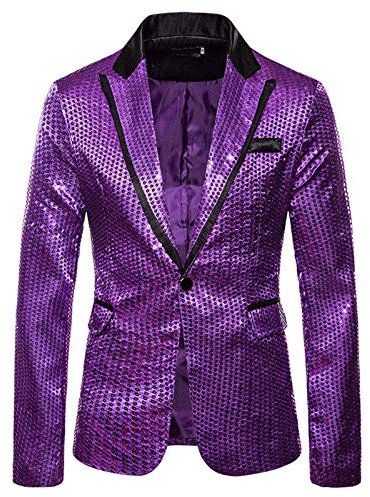 DUHENWU Blazer con paillette, da uomo, slim fit, giacca blazer, per il tempo libero, un bottone, paillette, per carnevale, per matrimoni, feste, feste, abiti da uomo con tasche, O viola, M