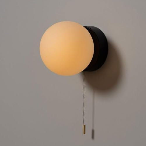 Lamp Applique Murale en Forme de Globe en Verre, Lampe de Chevet Moderne câblée avec Interrupteur à chaîne, Appliques en Verre Blanc Lait de 15 cm, veilleuse Noire/Blanche pour Chambre à Coucher