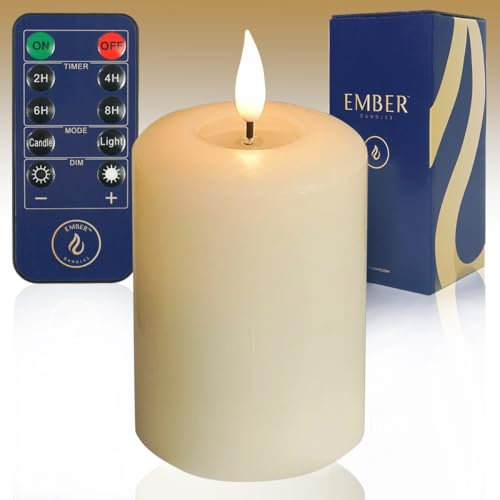 Ember Candles™ 10cm Signature Ivory LED Flickering Battery Candle – 100% Real Wax, Ultra-Realistic, Flameless, Hand-Poured Design, 6-Hour Timer for Safe Indoor Use (Without Remote Control)