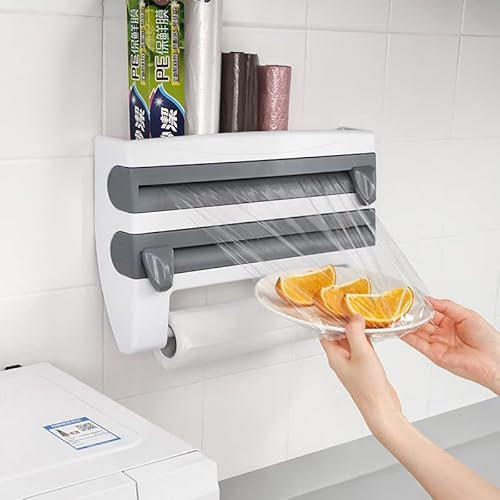 Wandrollenhalter Küche, 3-in-1 Küchenrollenhalter Wand, Frischhaltefolienspender, Aufgerüsteter Folienspender, Frischhaltefolie Schneider, Alufolie Spender, Folien Papierroll