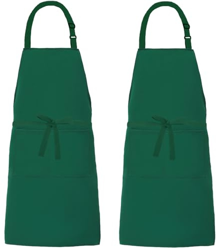 XIEJINJIA 2 Pack Canvas Water Resistant Adjustable Bib Apron with 2 Pockets Long Ties Cooking Kitchen Restaurant Chef Aprons for Women Men (Green)