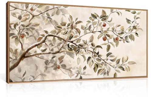 HLNIUC Apfelbaum-Wandkunst-Set, gerahmt, Botanischer Zweig, Leinwand, Wanddekoration, rustikale Bauernhaus-Blätter, Wandmalerei, Retro-Naturpflanzen-Kunstdruck für Wohnzimmer, Schlafzimmer, Büro,
