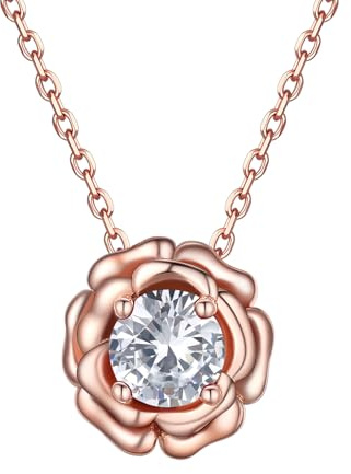 FOCALOOK Collier Femme Vermeil en Forme de Rose Serti de Faux Diamant, Pendentif Pierre de Naissance d'Avril avec Chaîne de 45+5cm