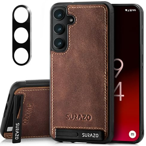 SURAZO Lederhülle für Samsung Galaxy S25 Hülle mit Kameraschutz – Echtleder Rückseite Handyhülle [Standfunktion] [Schlüsselring] Stoßfestes Echt Leder Schutzhülle Leather Case (Braun)