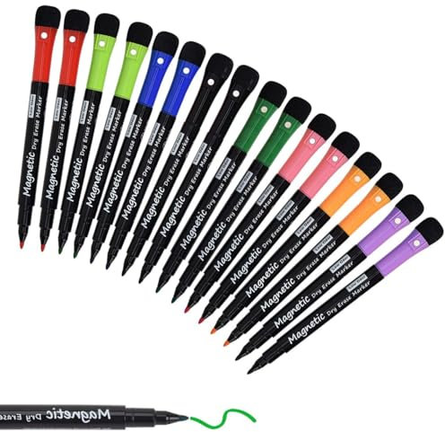 Willingood Whiteboard Marker, 16 Stück Magnetisch Whiteboard Stifte mit Schwamm, Geruchsarmer Trocken Abwischbar Folienstift mit Radiergummi für Zuhause Schule Büro, 8 Farben Rundspitze 1-2mm