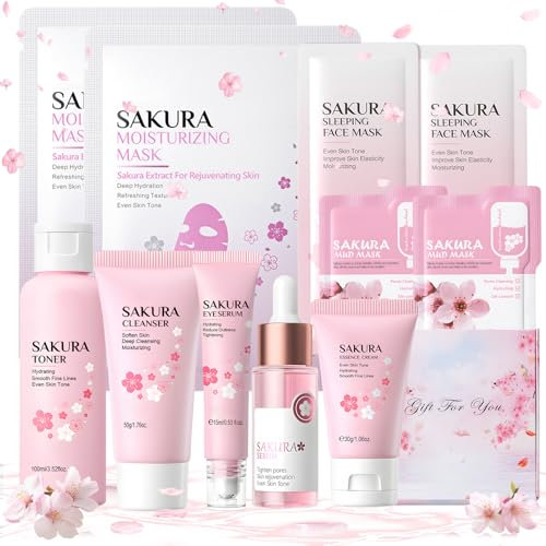 Kit Skincare Viso Completo, Sakura Skin Care Kit 11 Pezzi, Set Skincare Viso Completo mit Tonico, Detergente, Siero Occhi, Siero, Crema, Maschera Notturna, Maschera Argilla