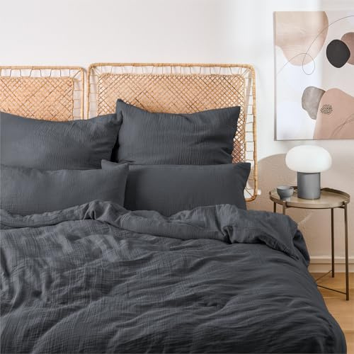Blumtal Musselin Bettwäsche-Set 155x220 + 40x80 cm, Anthrazit | OEKO-TEX zertifiziert, aus 100% Baumwolle, extra weich und bei 40 °C waschbar – leichte Sommerbettwäsche.