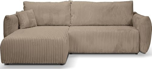 WFL GROUP Ecksofa Atlanta mit Schlaffunktion und Bettkasten - Rechts oder Links - L-Form Taupe Schlafsofa mit Ottomane, Modernes Design - Couch Samt Cord für Wohnzimmer - Creme - 257 x 88 x 177 cm