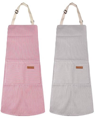2 Stück Küchenschürze Damen Verstellbare Küchenschürze mit 2 Taschen zum Kochen, Schürze Aus Baumwolle und Leinen, Maschinenwaschbar, Farbecht Schürze zum Kochen, Malen, Backen, Hausarbeiten