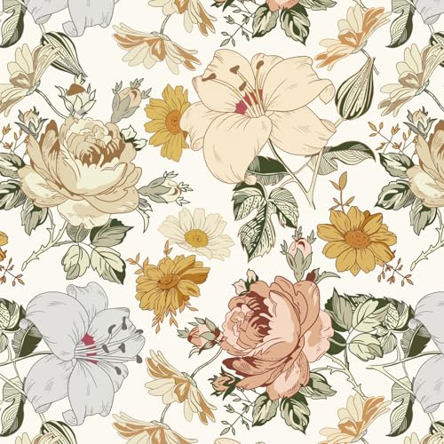 Fiula Selbstklebende Tapete Klebefolie Möbel Blumentapete Weiß Wasserdicht für Schlafzimmer Wohnzimmer Wandverkleidung Rot Gelb Blumen Floral 44CMx10M Möbelfolie Selbstklebend Wallpaper