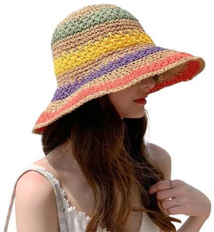 JIAHG Femme Chapeau de Soleil en Papier Paille Souple Pliable Chapeau Melon de Paille à Rayures Multicolore Chic Bob Loisir Panama Respirant UV Protection Capeline Voyage Plage Camping
