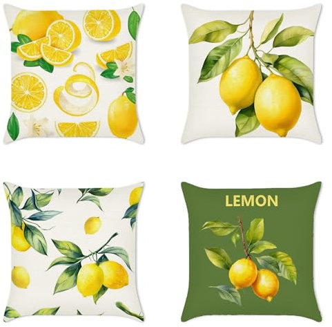 MEILIHEN Leinen Kissenbezug 45x45 Winter Gelb Zitrone Muster Kissenhülle 4er Set Quadratisch Dekokissen Sofakissen Bezug für Couch Landhausstil Kissen Kissenbezüge Deko Zierkissen Couchkissen