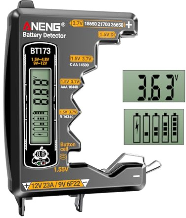 ANENG BT173 Tester per Batterie per AA,AAA,con Due Porte di Test per Batterie da 9V,12V tipo 23A,18650,21700 e 26650 e Batterie al Litio da 3,7V,Doppio Display