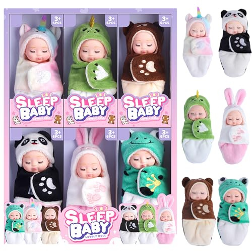 Syglawnd Mini-Puppen, 6 Stück, Mini-Babypuppen, 10, 2 cm große Tierbabys mit Schlafsack, lebensechte Babypuppen für Mädchen