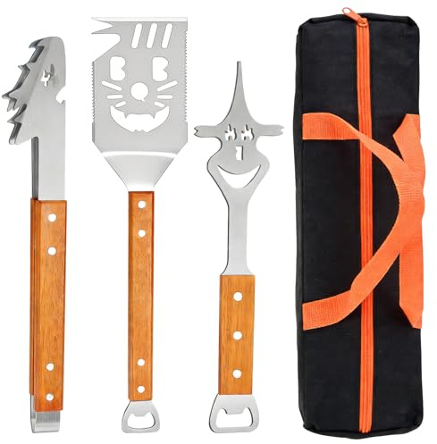 Set di posate da barbecue, 3 pezzi, in acciaio inox con manico in legno, pinza per barbecue, forchetta da carne, con occhielli per appenderla