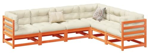 Owoxanthellate Ensemble de 6 meubles de jardin en pin - 70 x 70 cm - Résistant aux intempéries - Marron cireux - Avec coussins crème - Design moderne pour balcon, terrasse et jardin d'hiver