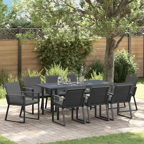 SooIarix Garten Essgruppe 9-teilig Anthrazit Poly-Rattan mit ausziehbarem Tisch und 8 Stühlen, modernes Gartenmöbel Set für Terrasse und Balkon