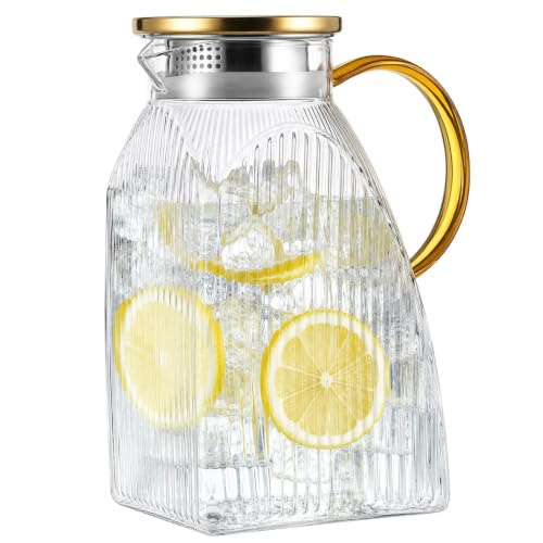 61 oz / 1.8 L Glass Water Jug for Fridge Door, Heat-Resistant High Borosilicate Glass Pitcher with Lid and Gold andle for Iced Tea, Juice, Milk, Hot and Cold Beverages, 5.5 x 3.7 x 8.7 in