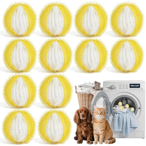 Boule Anti Poils Machine a Laver 12 Pièces, Attrape Poils Machine a Laver, Anti Poil Machine à Laver réutilisable, Attrape Poil Machine a Laver pour vêtements, Linge et literie (12, Yellow and White)