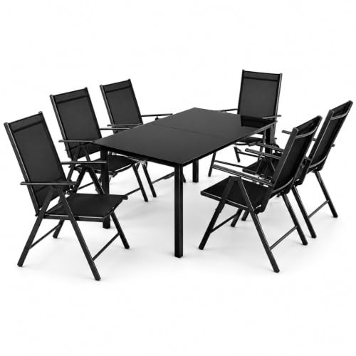 LORVIK Conjunto de Comedor de Jardín con Mesa de Cristal Templado y 6 Sillas Plegables – Set de Exterior con Respaldo Ajustable, Estructura de Aluminio y Tejido Transpirable
