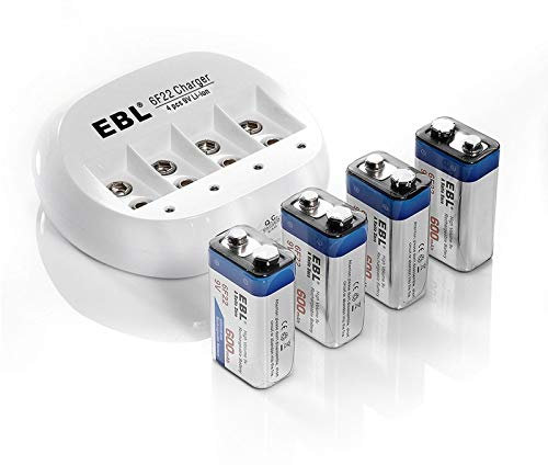 EBL 4pcs Piles 9V Rechargeables - avec Chargeur de Piles 9V 4 Slots, Batteries 9V 6F22 600mAh Li-ION (Charge Rapide par USB)