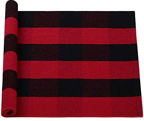 sourcing map Cotton Plaid Door Mat, Red & Black Area Floor Rugs, Checkered Carpet for Indoor/Outdoor, Woven Washable Buffalo Mat, Retro Doormat Runner Rug for Front Porch/Kitchen 24x51