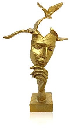 Fabnish Büste mit Vögel - Deko Skulptur - Abstrakte Kunst - Statue - Dekofigur - Farbe Gold mit Sockel - 30 cm
