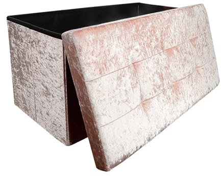 Dripex Crushed Velvet Quilted Top Folding Storage Ottoman Seat, Large 2 Seater Stool, Toy Storage Box Bench 76 x 38 x 38 cm (Cream, Medium)