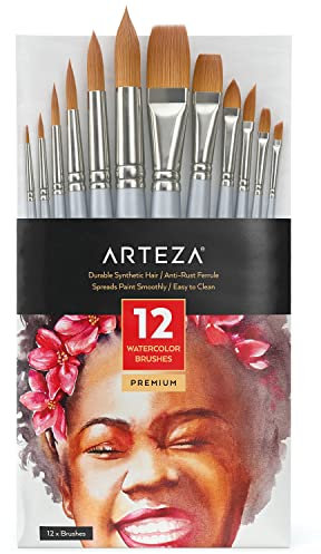 Arteza Aquarellpinsel 12er Set, Verschiedene Formen, synthetische Pinsel mit weichen Borsten, mit Anti-Rost-Aderendhülsen, Malkunstbedarf für Anfänger und Experten