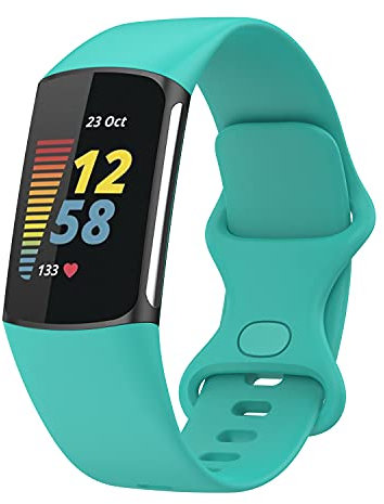 AWINNER Bands Compatible with Fitbit Charge 5 Band, Adjustable Silicone Sport Watch Band Replacement Strap (Large, Cyan)