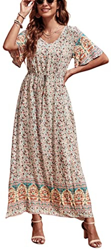 GRECERELLE Womens Summer Maxi Boho Beach Dress Floral Print Dress V Neck Short Sleeve Drawstring High Waist Flowy Long Midi Dresses (Michaelmas Dais Beige, L)