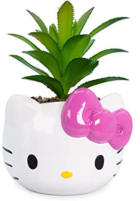 Silver Buffalo Sanrio Hello Kitty Face 3-Inch Ceramic Mini Planter with Artificial Succulent