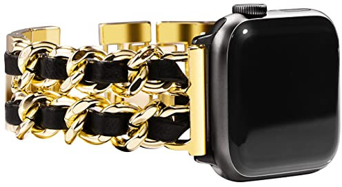 NewWays Compatible con correa de Apple Watch de 1.65 pulgadas, 1.57 pulgadas, 1.57 pulgadas, serie 7 SE 6 5 4 3, pulsera de joyería para iWatch Band para mujer, eslabones dorados con cuero negro