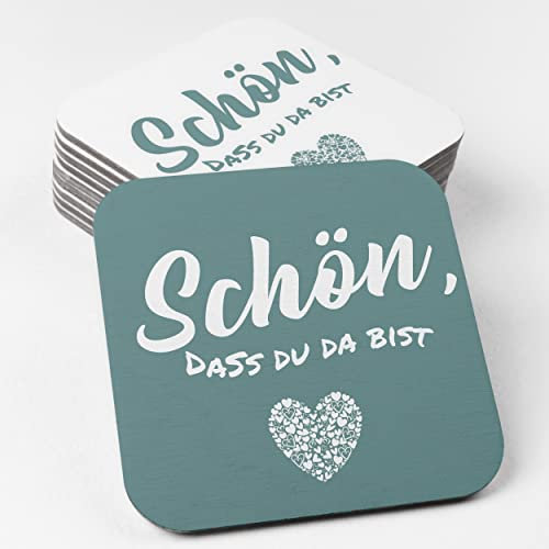 Schön DASS Du da bist Bierdeckel aus Pappe I Eckige Tischdeko Mint (50 Stück) Deko aus umweltfreundlicher Holzschliffpappe (9,3cm x 9,3cm)