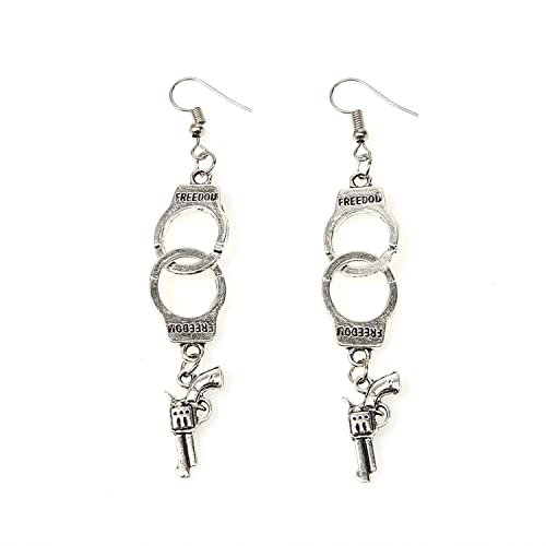 QUPENGXU Charm-Revolver-Pistolen-Ohrringe, Punk, Handschellen, baumelnde Ohrringe für Damen, Mädchen, Herren, Metall, Kein Edelstein