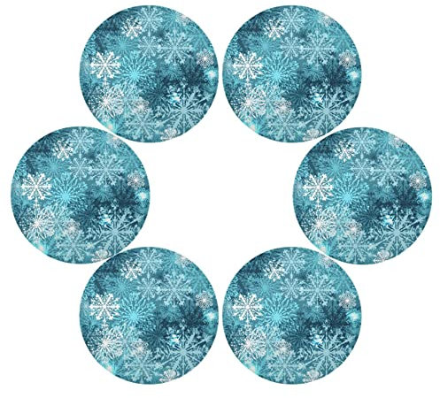 Lot de 6 sets de table ronds de Noël en forme de flocon de neige bleu sarcelle et blanc lavables pour table de cuisine
