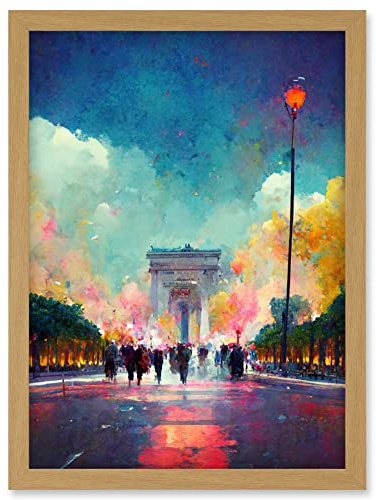 Doppelganger33 LTD Colourful Champs-Elysees And Arc De Triomphe Modern Artwork Framed Wall Art Print A4