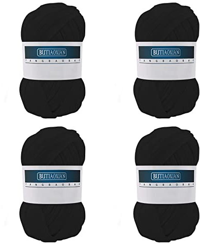 4 Pack 100g Grobes Baumwolle Garn zum Stricken und Häkeln T-Shirt Band Strickgarn Baumwolle Überwurfgarn Weiches Großes Garn Häkelgarn Set für Korb Taschen Decken Hüte Spielzeug Schals Schwarz