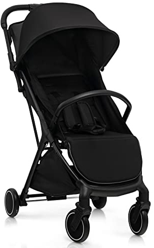 GYMAX Baby Stroller, Lightweight Baby Pushchair with One Hand Folding, 5-Point Safe Belt, Lockable Wheel, Adjustable Footrest, Canopy & Backrest, Travel Toddler Buggy for 0-3 Years Old (Black)
