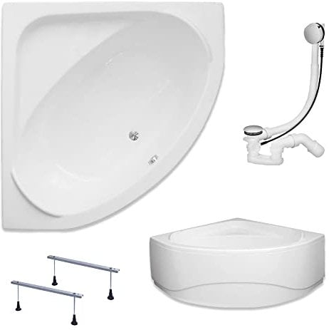 KOLMAN Badewanne STANDARD Eckbadewanne 140x140 mit AcrylSchürze, Ablaufgarnitur und Füßen Komplettset 4in1 Premium Original Acryl Wanne Siphon