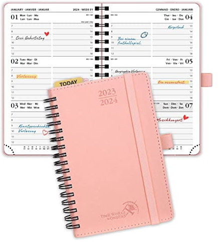POPRUN Kalender 2023 2024 Klein 15,5 x 10,5 cm (Aug.2023-Dez.2024) - Taschenkalender 2023/2024 Ringbuch mit Softcover - Terminplaner, Planer 1 Woche 2 Seite mit Plastiklineal - Rosa