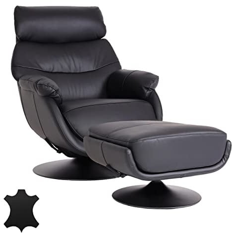 Mendler Relaxsessel mit Hocker HWC-K99, Fernsehsessel Sessel, Wippfunktion drehbar, Metall Echtleder/Kunstleder - schwarz