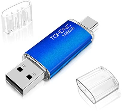 Clé USB C 128 Go Flash Drive USB 2.0 Mémoire Stick 128Go 2 en 1 OTG Portable Type C Clef USB 128go Imperméable Pen Drive pour PC/MacBook/Tablette/Smartphone/TV (Bleu)