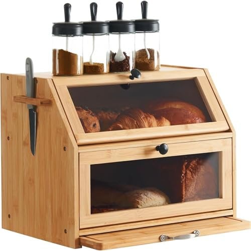 YOUDENOVA Double Decker Bread Box with Cutting Board, Extra Large 2-Layer Bamboo Storage Box with Clear Windows for Bread, Salt and Pepper Mill, 39x26x32,5(LxBxH) cm, Natural